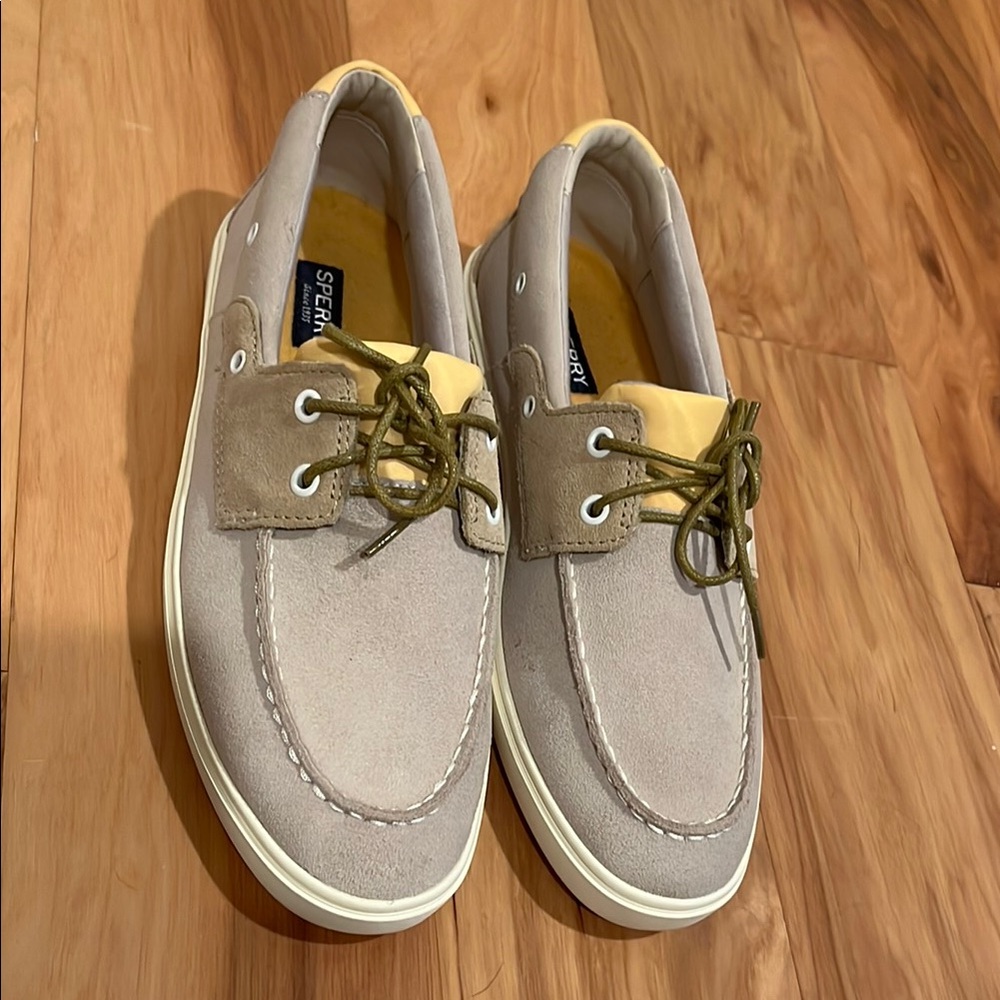 Sperry Men's or Women’s Outer Banks Boat Shoe Gray/Beige suede/Yellow, 8.5